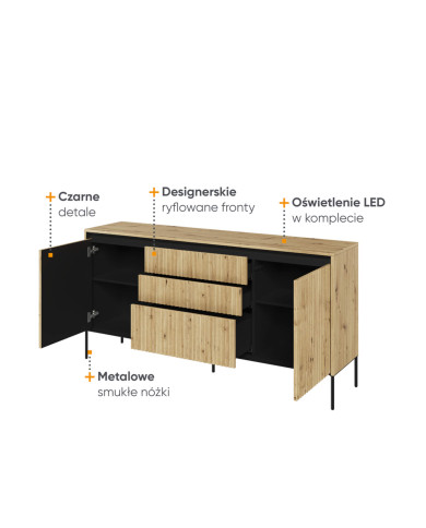 Komoda Trend TR-01, oświetlenie, 2 drzwi, 3 szuflady, front MDF ryflowany, dąb artisan/ czarny, LENART Komoda Trend TR-01, oświetlenie, 2 drzwi, 3 szuflady, front MDF ryflowany, dąb artisan/ czarny, LENART
