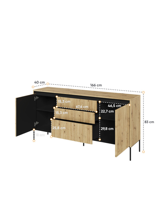 Komoda Trend TR-01, oświetlenie, 2 drzwi, 3 szuflady, front MDF ryflowany, dąb artisan/ czarny, LENART