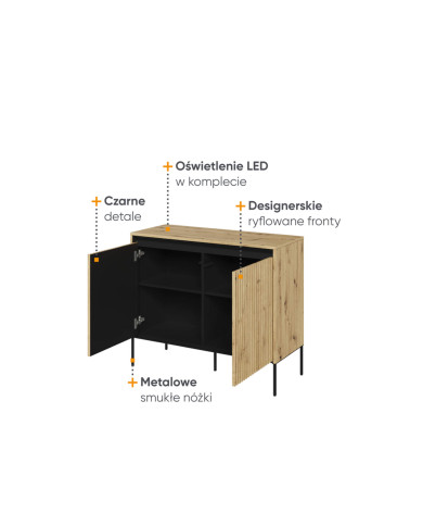 Komoda Trend TR-02, oświetlenie, 2 drzwi, front MDF ryflowany, dąb artisan/ czarny, LENART Komoda Trend TR-02, oświetlenie, 2 drzwi, front MDF ryflowany, dąb artisan/ czarny, LENART