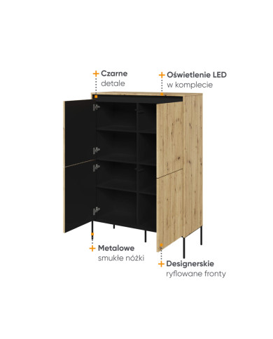 Komoda wysoka Trend TR-03, oświetlenie, 4 drzwi, front MDF ryflowany, dąb artisan/ czarny, LENART Komoda wysoka Trend TR-03, oświetlenie, 4 drzwi, front MDF ryflowany, dąb artisan/ czarny, LENART