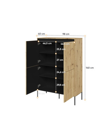 Komoda wysoka Trend TR-03, oświetlenie, 4 drzwi, front MDF ryflowany, dąb artisan/ czarny, LENART Komoda wysoka Trend TR-03, oświetlenie, 4 drzwi, front MDF ryflowany, dąb artisan/ czarny, LENART