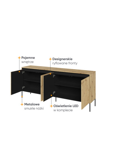 Komoda Trend TR-04, oświetlenie, 4 drzwi, front MDF ryflowany, dąb artisan/ czarny, LENART Komoda Trend TR-04, oświetlenie, 4 drzwi, front MDF ryflowany, dąb artisan/ czarny, LENART