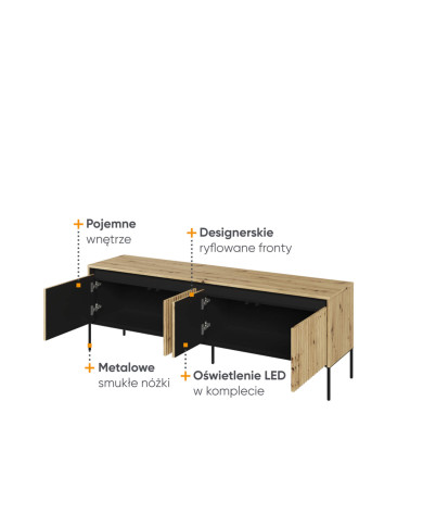 Szafka RTV Trend TR-05, oświetlenie, 4 drzwi, front MDF ryflowany, dąb artisan/ czarny, LENART Szafka RTV Trend TR-05, oświetlenie, 4 drzwi, front MDF ryflowany, dąb artisan/ czarny, LENART