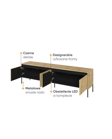 Szafka RTV Trend TR-06, oświetlenie, 4 drzwi, front MDF ryflowany, dąb artisan/ czarny, LENART Szafka RTV Trend TR-06, oświetlenie, 4 drzwi, front MDF ryflowany, dąb artisan/ czarny, LENART