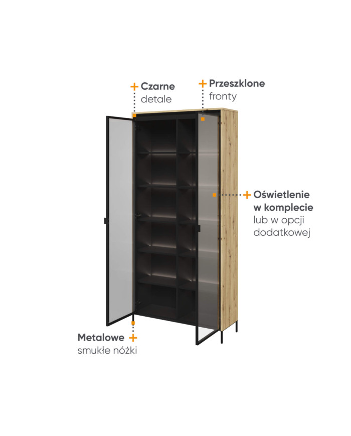 Witryna wysoka Trend TR-07 z oświetleniem, 2 drzwi, dąb artisan/ czarny, LENART