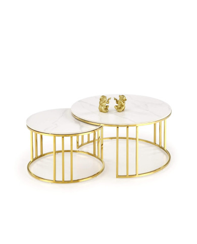 Stoliki kawowe Mercury 3, 2w1, spiek z białym marmurem, okrągłe, podstawa metalowa złota, HALMAR Stoliki kawowe Mercury 3, 2w1, spiek z białym marmurem, okrągłe, podstawa metalowa złota, HALMAR