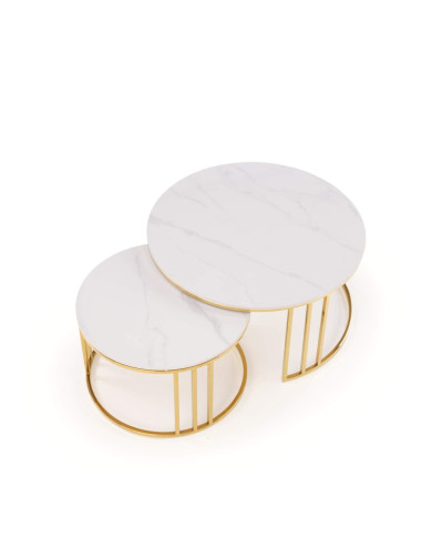 Stoliki kawowe Mercury 3, 2w1, spiek z białym marmurem, okrągłe, podstawa metalowa złota, HALMAR Stoliki kawowe Mercury 3, 2w1, spiek z białym marmurem, okrągłe, podstawa metalowa złota, HALMAR