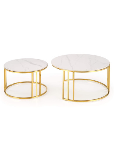 Stoliki kawowe Mercury 3, 2w1, spiek z białym marmurem, okrągłe, podstawa metalowa złota, HALMAR Stoliki kawowe Mercury 3, 2w1, spiek z białym marmurem, okrągłe, podstawa metalowa złota, HALMAR