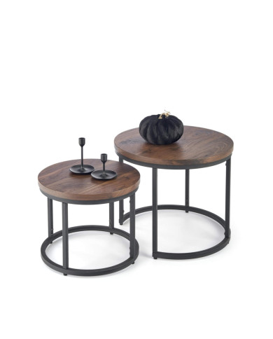 Stoliki kawowe Oreo 2w1, orzechowe, okrągłe, metalowa czarna podstawa, HALMAR Stoliki kawowe Oreo 2w1, orzechowe, okrągłe, metalowa czarna podstawa, HALMAR