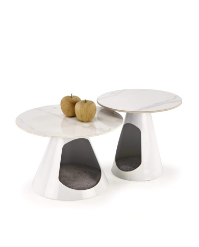 Stoliki kawowe Osario 2w1, biały marmur, okrągłe, metalowa biała podstawa, HALMAR Stoliki kawowe Osario 2w1, biały marmur, okrągłe, metalowa biała podstawa, HALMAR