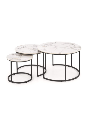 Stoliki kawowe Gilda 3w1, okrągłe, biały marmur, metalowa czarna podstawa, HALMAR Stoliki kawowe Gilda 3w1, okrągłe, biały marmur, metalowa czarna podstawa, HALMAR