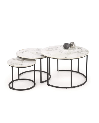 Stoliki kawowe Gilda 3w1, okrągłe, biały marmur, metalowa czarna podstawa, HALMAR Stoliki kawowe Gilda 3w1, okrągłe, biały marmur, metalowa czarna podstawa, HALMAR