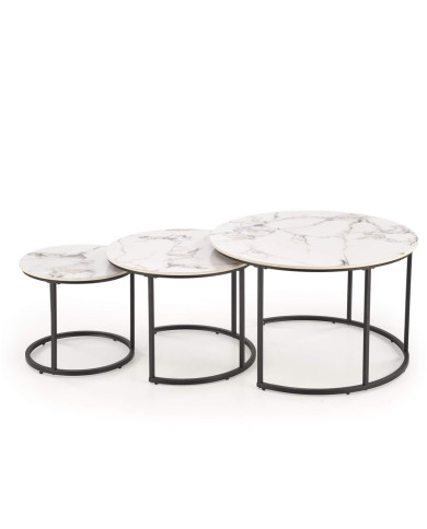 Stoliki kawowe Gilda 3w1, okrągłe, biały marmur, metalowa czarna podstawa, HALMAR Stoliki kawowe Gilda 3w1, okrągłe, biały marmur, metalowa czarna podstawa, HALMAR