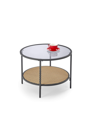 Stolik kawowy Dakota, okrągły, rattan syntetyczny/szkło, czarna metalowa rama, HALMAR Stolik kawowy Dakota, okrągły, rattan syntetyczny/szkło, czarna metalowa rama, HALMAR