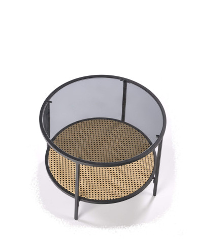 Stolik kawowy Dakota, okrągły, rattan syntetyczny/szkło, czarna metalowa rama, HALMAR Stolik kawowy Dakota, okrągły, rattan syntetyczny/szkło, czarna metalowa rama, HALMAR