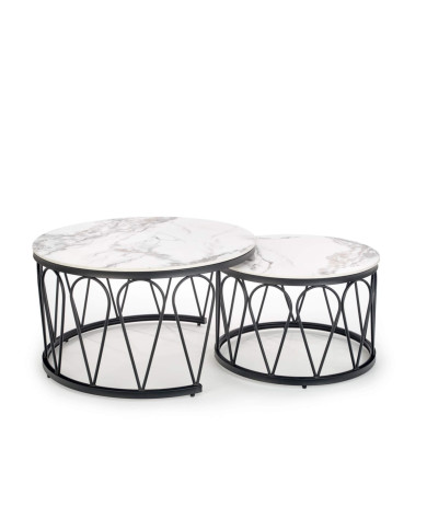 Stoliki kawowe Formosa 2w1, okrągłe, biały marmur, metalowa czarna podstawa, HALMAR Stoliki kawowe Formosa 2w1, okrągłe, biały marmur, metalowa czarna podstawa, HALMAR