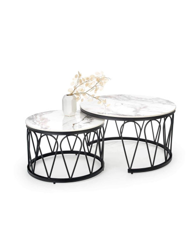 Stoliki kawowe Formosa 2w1, okrągłe, biały marmur, metalowa czarna podstawa, HALMAR Stoliki kawowe Formosa 2w1, okrągłe, biały marmur, metalowa czarna podstawa, HALMAR