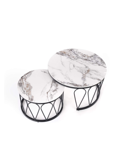 Stoliki kawowe Formosa 2w1, okrągłe, biały marmur, metalowa czarna podstawa, HALMAR Stoliki kawowe Formosa 2w1, okrągłe, biały marmur, metalowa czarna podstawa, HALMAR