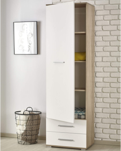 Regał zamykany 60 cm, REG1 Lima, biały/dąb sonoma, 1-drzwiowy, szuflady, półki, HALMAR Regał zamykany 60 cm, REG1 Lima, biały/dąb sonoma, 1-drzwiowy, szuflady, półki, HALMAR