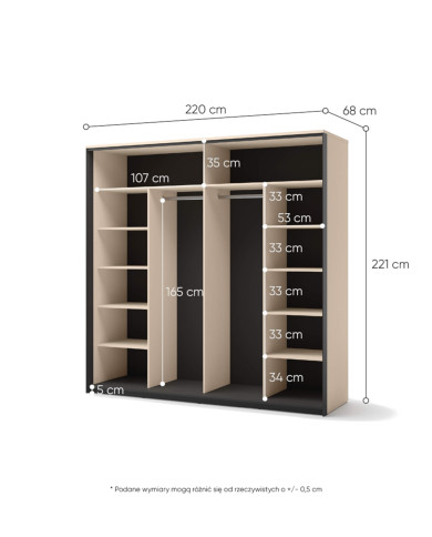Szafa przesuwna Enna EN-01, 2-drzwiowa, z oświetleniem, beż piaskowy/ czarny, LENART Szafa przesuwna Enna EN-01, 2-drzwiowa, z oświetleniem, beż piaskowy/ czarny, LENART