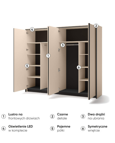 Szafa Enna EN-06, 4-drzwiowa, z oświetleniem, beż piaskowy/ czarny, LENART Szafa Enna EN-06, 4-drzwiowa, z oświetleniem, beż piaskowy/ czarny, LENART