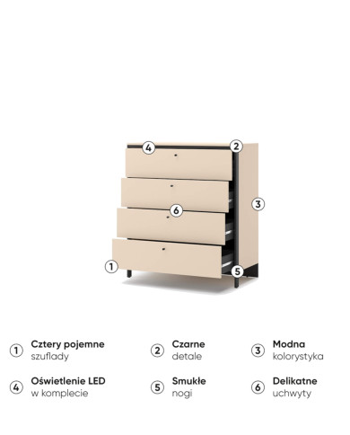 Komoda Enna EN-03, szuflady, oświetlenie, beż piaskowy/ czarny, LENART Komoda Enna EN-03, szuflady, oświetlenie, beż piaskowy/ czarny, LENART