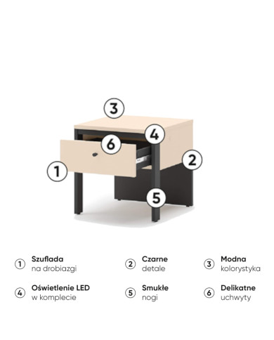 Szafka nocna Enna EN-05, z oświetleniem, szufladą i wnęką, beż piaskowy/ czarny, LENART