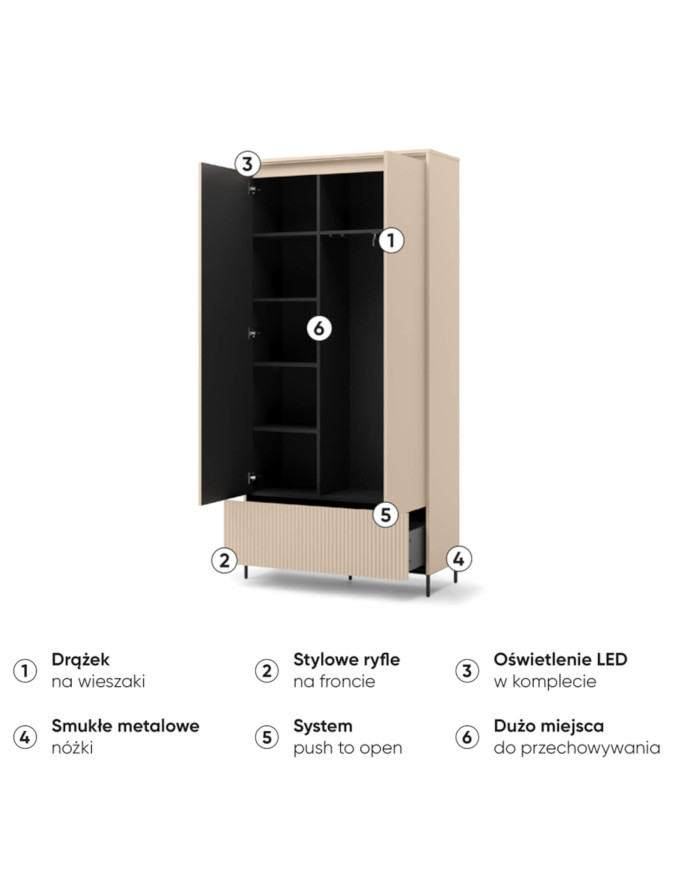 Garderoba Trend TG-02, szafa dwudrzwiowa, z szufladą i oświetleniem, beż piaskowy/ czarny, LENART