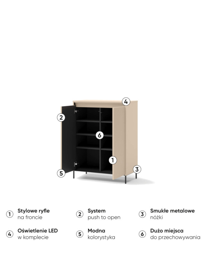 Garderoba Trend TG-03, komoda, 2 drzwi, oświetlenie, beż piaskowy/ czarny, LENART