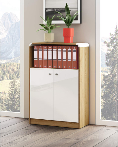 Komoda Milano, dwudrzwiowa, wnęka regałowa, dąb słoneczny/biały połysk, HUBERTUS Komoda Milano, dwudrzwiowa, wnęka regałowa, dąb słoneczny/biały połysk, HUBERTUS