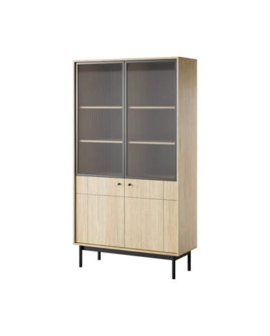 Witryna Japandi WT104, szklane fronty, Dąb linea/ Czarny, PIASKI Witryna Japandi WT104, szklane fronty, Dąb linea/ Czarny, PIASKI