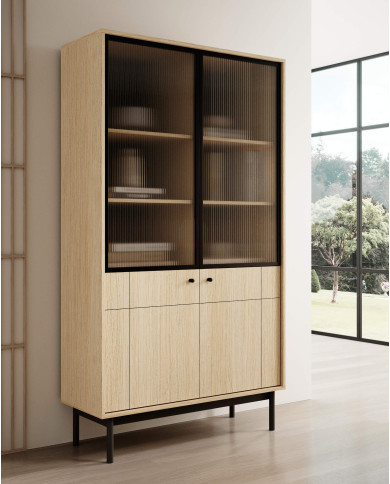 Witryna Japandi WT104, szklane fronty, Dąb linea/ Czarny, PIASKI Witryna Japandi WT104, szklane fronty, Dąb linea/ Czarny, PIASKI