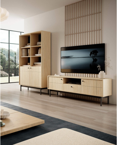 Szafka nocna Japandi S-54, jednodrzwiowa, Dąb linea/ Czarny, PIASKI