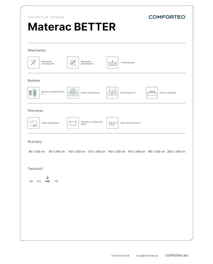 Materac Bettter, 160x200 cm, dwustronny, multipocket, sprężynowy, pianka Super Soft, zdejmowany pokrowiec, H4, Comforteo