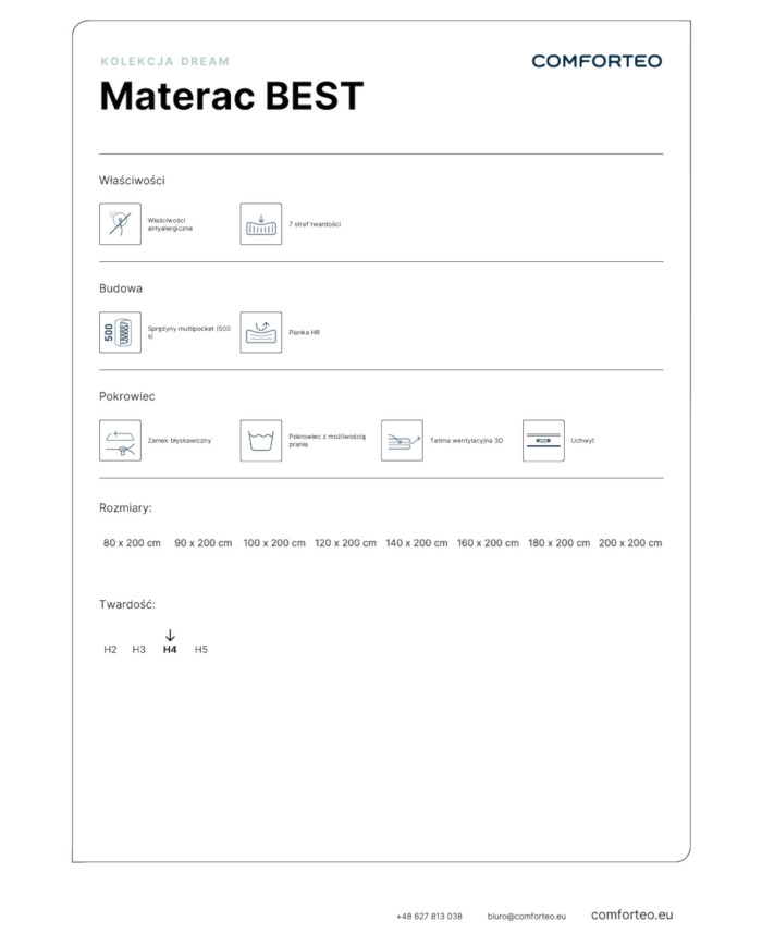 Materac Best, 160x200 cm, dwustronny, multipocket, sprężynowy, zdejmowany pokrowiec, H4, Comforteo