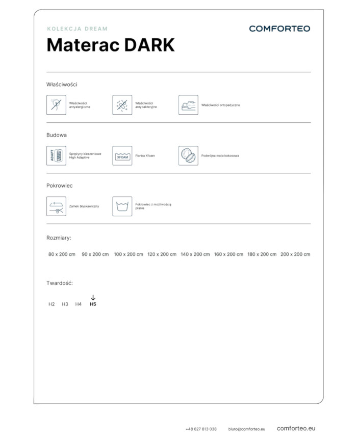 Materac Dark, 100x200 cm, dwustronny, kieszeniowy, wysokie sprężyny, kokos, zdejmowany pokrowiec, H5, Comforteo