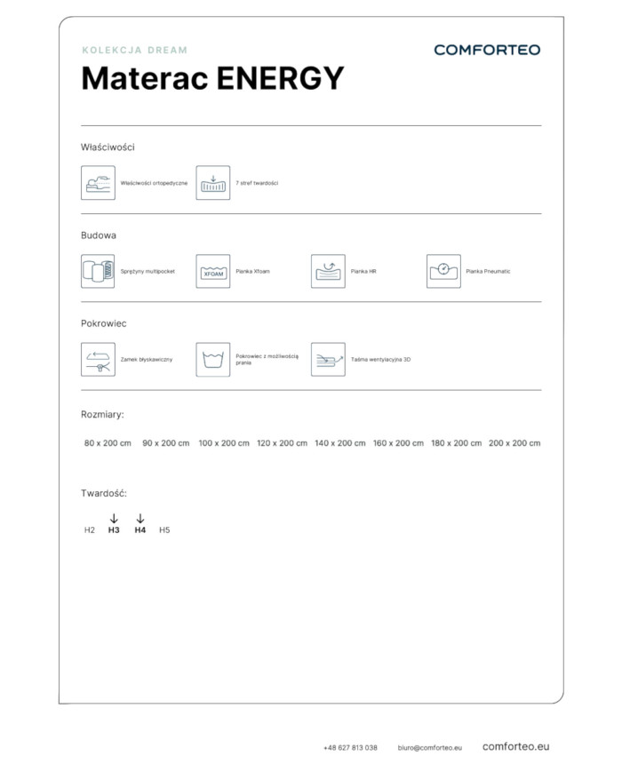 Materac Energy, 180x200 cm, dwustronny, multipocket, wysokie sprężyny, pianka Pneumatic, zdejmowany pokrowiec, H3/H4, Comforteo