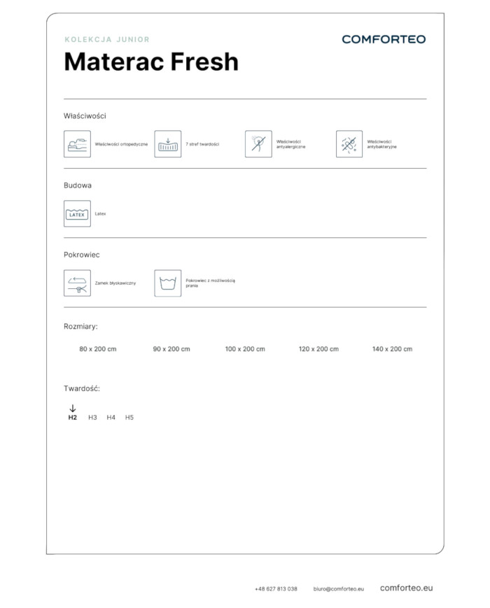 Materac Fresh, 80x200 cm, dwustronny, piankowy, lateks, zdejmowany pokrowiec, H2, Comforteo
