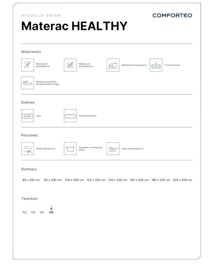 Materac Healthy, 160x200 cm, dwustronny, piankowy, lateks, zdejmowany pokrowiec, H5, Comforteo