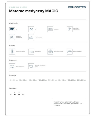 Materac medyczny Magic, 80x200 cm, dwustronny, kieszeniowy, sprężyny, pianka Xfoam, zdejmowany pokrowiec, H3/H4, Comforteo Materac medyczny Magic, 80x200 cm, dwustronny, kieszeniowy, sprężyny, pianka Xfoam, zdejmowany pokrowiec, H3/H4, Comforteo