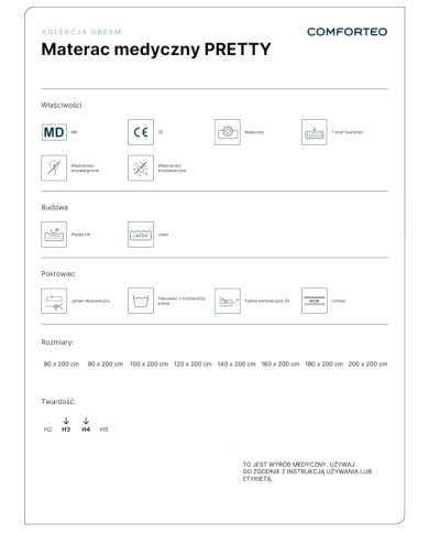 Materac medyczny Pretty, 100x200 cm, dwustronny, multipocket, sprężyny, pianka HR, lateks, zdejmowany pokrowiec,H3/H4, Comforteo Materac medyczny Pretty, 100x200 cm, dwustronny, multipocket, sprężyny, pianka HR, lateks, zdejmowany pokrowiec,H3/H4, Comforteo