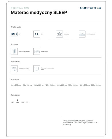 Materac medyczny Sleep, 120x200 cm, dwustronny, kieszeniowy, sprężyny, pianka Xfoam, zdejmowany pokrowiec, H3, Comforteo Materac medyczny Sleep, 120x200 cm, dwustronny, kieszeniowy, sprężyny, pianka Xfoam, zdejmowany pokrowiec, H3, Comforteo