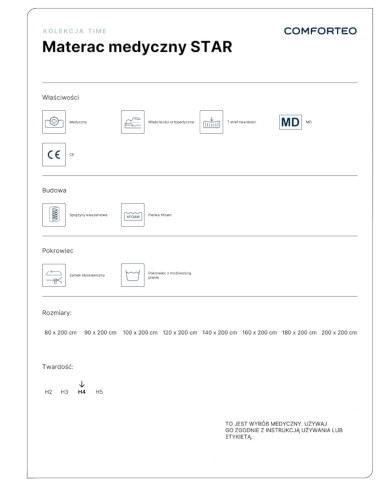 Materac medyczny Star, 80x200 cm, dwustronny, kieszeniowy, sprężyny, pianka Xfoam, zdejmowany pokrowiec, H4, Comforteo Materac medyczny Star, 80x200 cm, dwustronny, kieszeniowy, sprężyny, pianka Xfoam, zdejmowany pokrowiec, H4, Comforteo