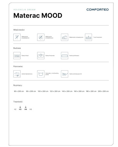Materac Mood, 80x200 cm, dwustronny, piankowy, pianka Pneumatic i Xfoam, zdejmowany pokrowiec, H3/H4, Comforteo Materac Mood, 80x200 cm, dwustronny, piankowy, pianka Pneumatic i Xfoam, zdejmowany pokrowiec, H3/H4, Comforteo