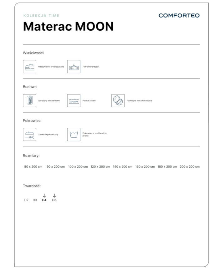 Materac Moon, 80x200 cm, dwustronny, kieszeniowy, sprężyny, kokos, pianka Xfoam, H4/H5, Comforteo