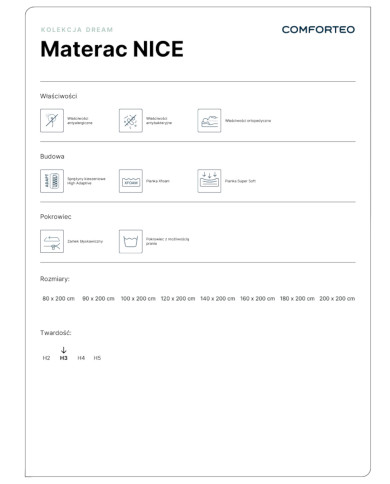 Materac Nice, 120x200 cm, dwustronny, kieszeniowy, wysokie sprężyny, pianka Xfoam i Super Soft, H3, Comforteo Materac Nice, 120x200 cm, dwustronny, kieszeniowy, wysokie sprężyny, pianka Xfoam i Super Soft, H3, Comforteo