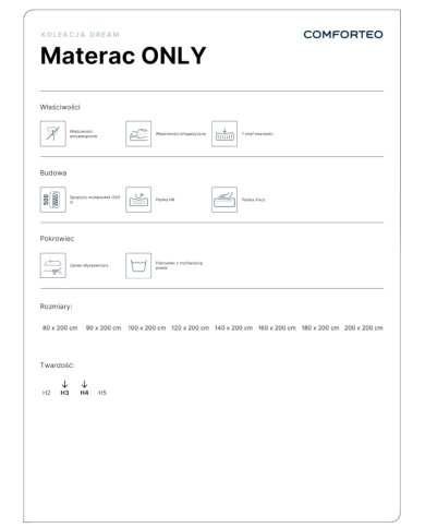 Materac Only, 100x200 cm, dwustronny, multipocket, sprężyny, pianka HR, pianka Visco, H3/H4, Comforteo Materac Only, 100x200 cm, dwustronny, multipocket, sprężyny, pianka HR, pianka Visco, H3/H4, Comforteo