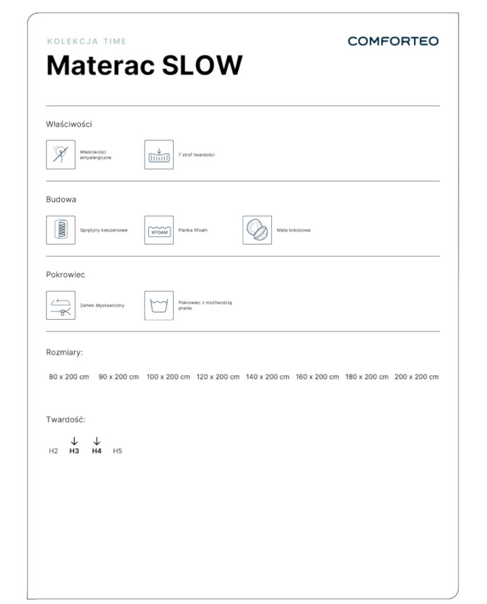 Materac Slow, 80x200 cm, dwustronny, kieszeniowy, sprężyny, kokos, pianka Xfoam, H3/H4, Comforteo