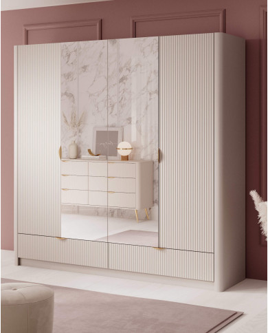 Szafa Lante H 213, z lustrami, czterodrzwiowa do sypialni, Beżowa, Laski Meble Szafa Lante H 213, z lustrami, czterodrzwiowa do sypialni, Beżowa, Laski Meble