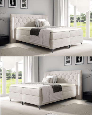 Łóżko kontynentalne California 140x200, z oświetleniem, tapicerowane, materace, topper, pojemnik, Gruszka Meble